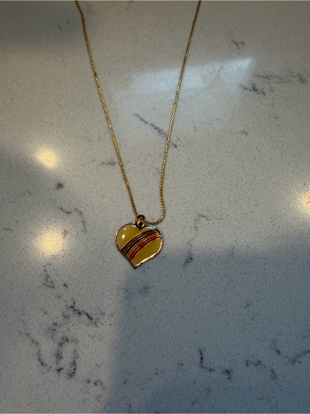 Vintage Gold Heart Pendant Necklace with Yellow Enamel and Red Accent